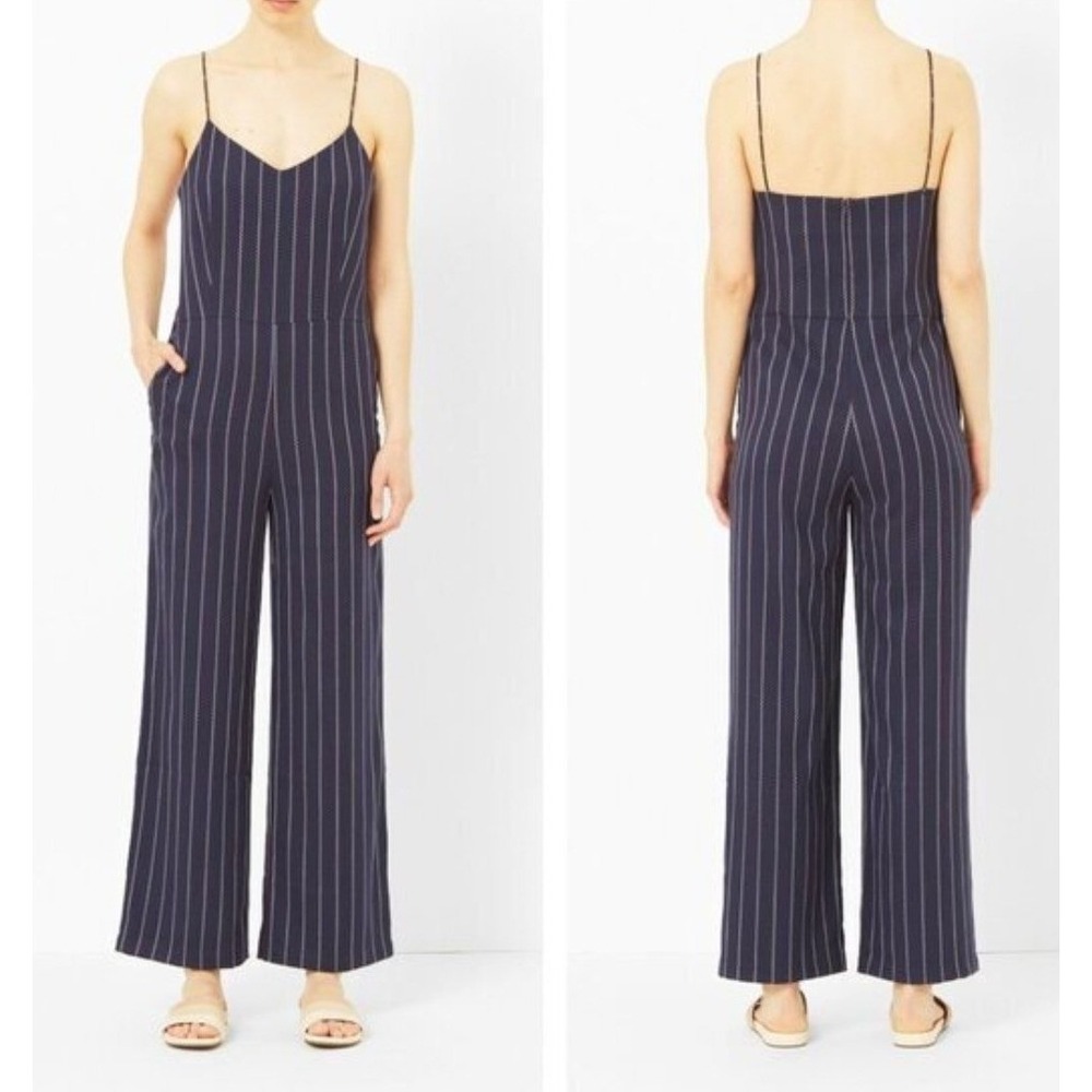Anthropologie Essential Jumpsuit Navy Blue Pinstripe Wide Leg Sleeveless Size 8
